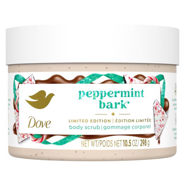 Dove Peppermint Bark scrub jar showing festive scent and nourishing feel