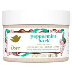 Dove Peppermint Bark scrub jar showing festive scent and nourishing feel