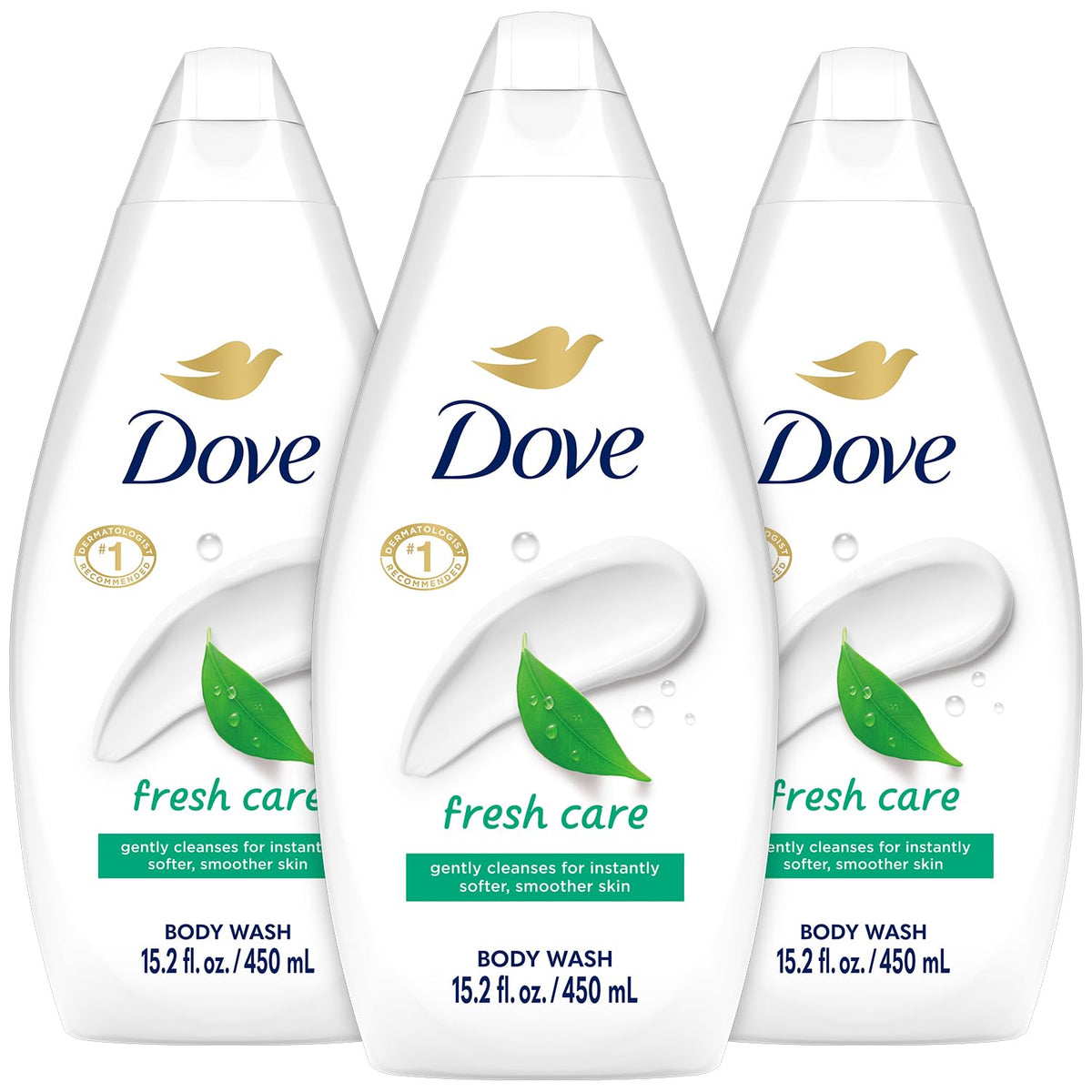 Dove Fresh Care Body Wash 3-Pack label close-up showing soothing scent.