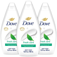 Dove Fresh Care Body Wash 3-Pack label close-up showing soothing scent.