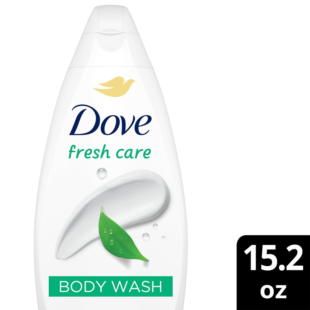 Pour view of Dove Fresh Care Body Wash bottle emphasizing moisturizing cleansing.