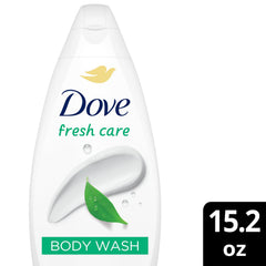 Pour view of Dove Fresh Care Body Wash bottle emphasizing moisturizing cleansing.