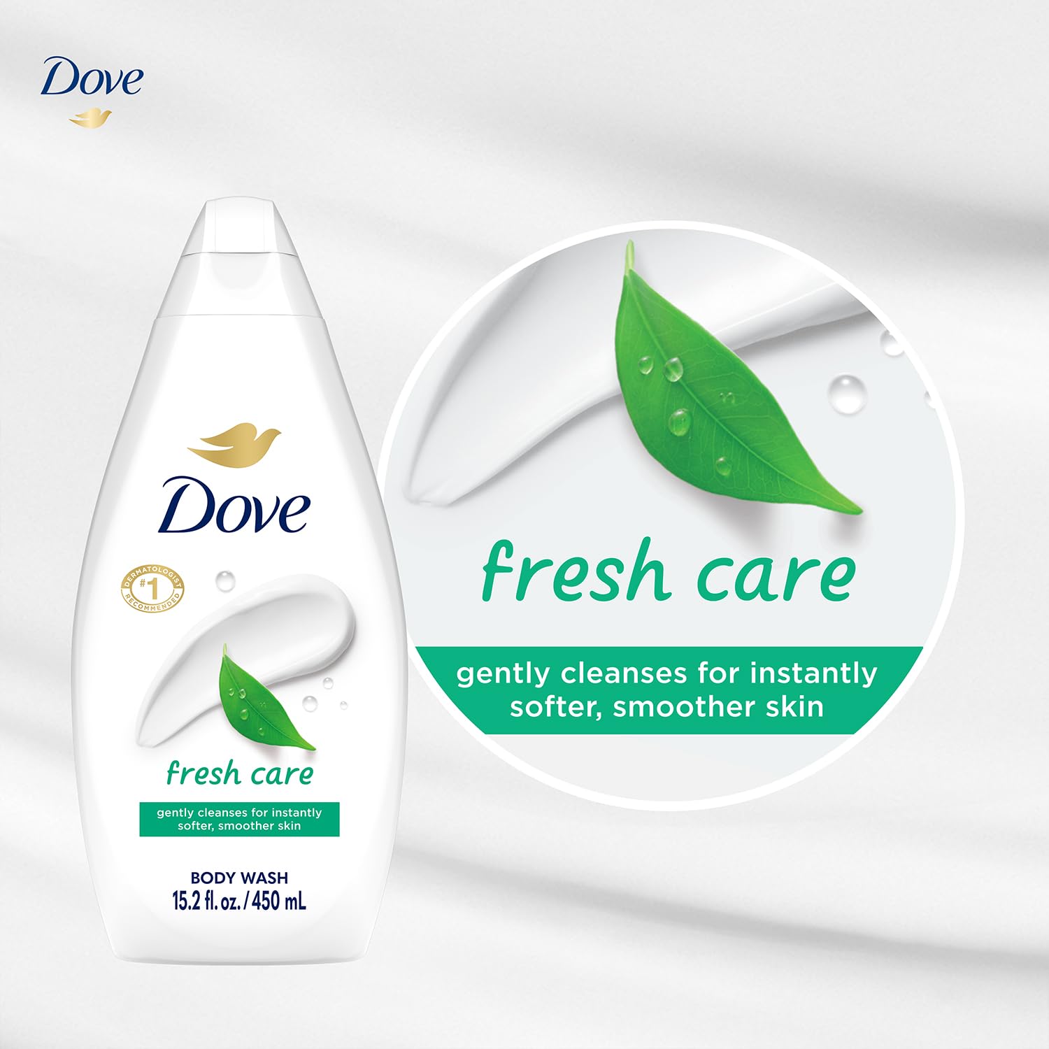 Dove Fresh Care Body Wash bottle in hand during use for soft skin.