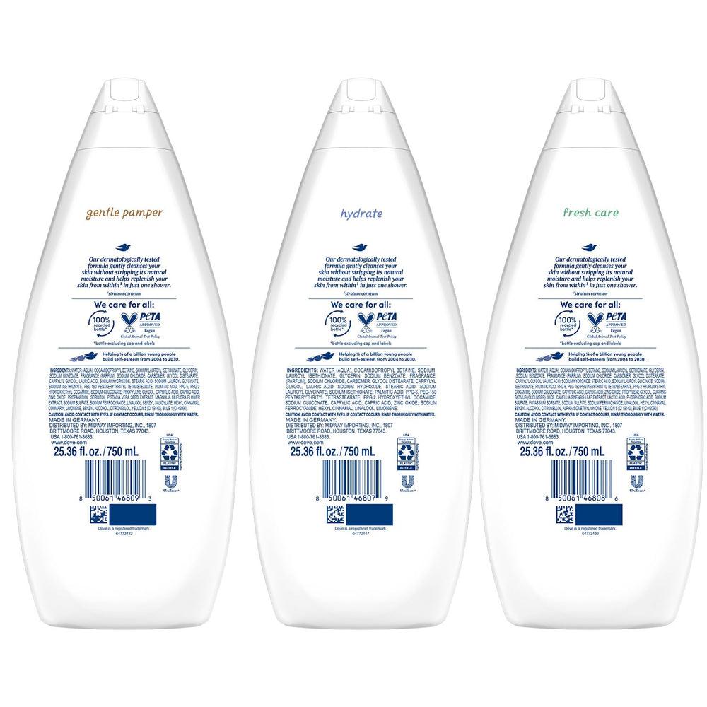 Dove Fresh Care bottle tilt highlights a refreshing cleanse for everyday freshness.