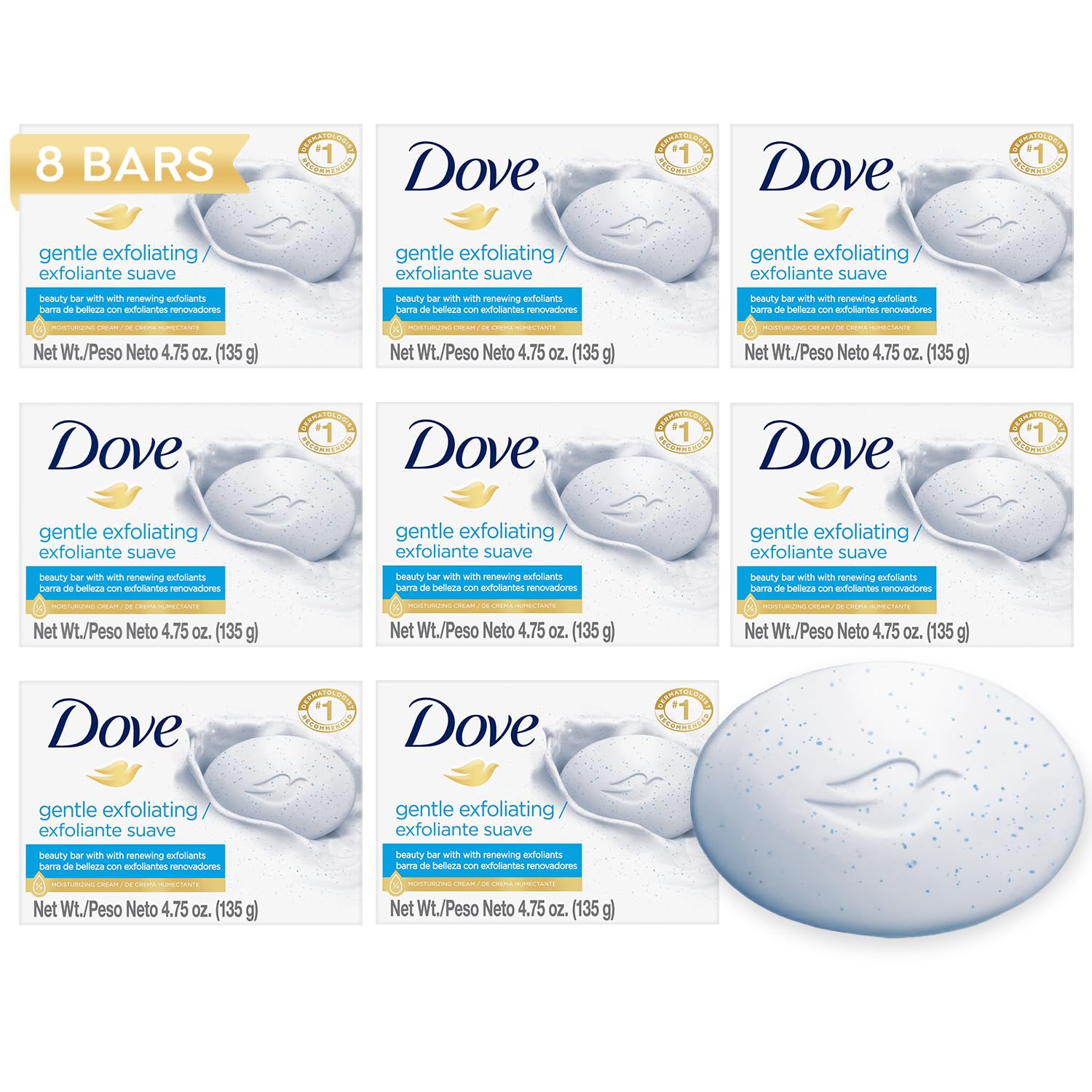 Dove Gentle Exfoliating Beauty Bar 8-pack showing exfoliation and hydration benefits