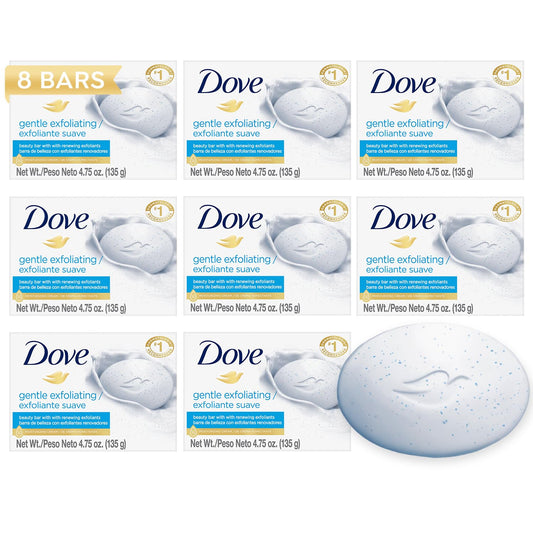 Dove Gentle Exfoliating Beauty Bar 8-pack showing exfoliation and hydration benefits