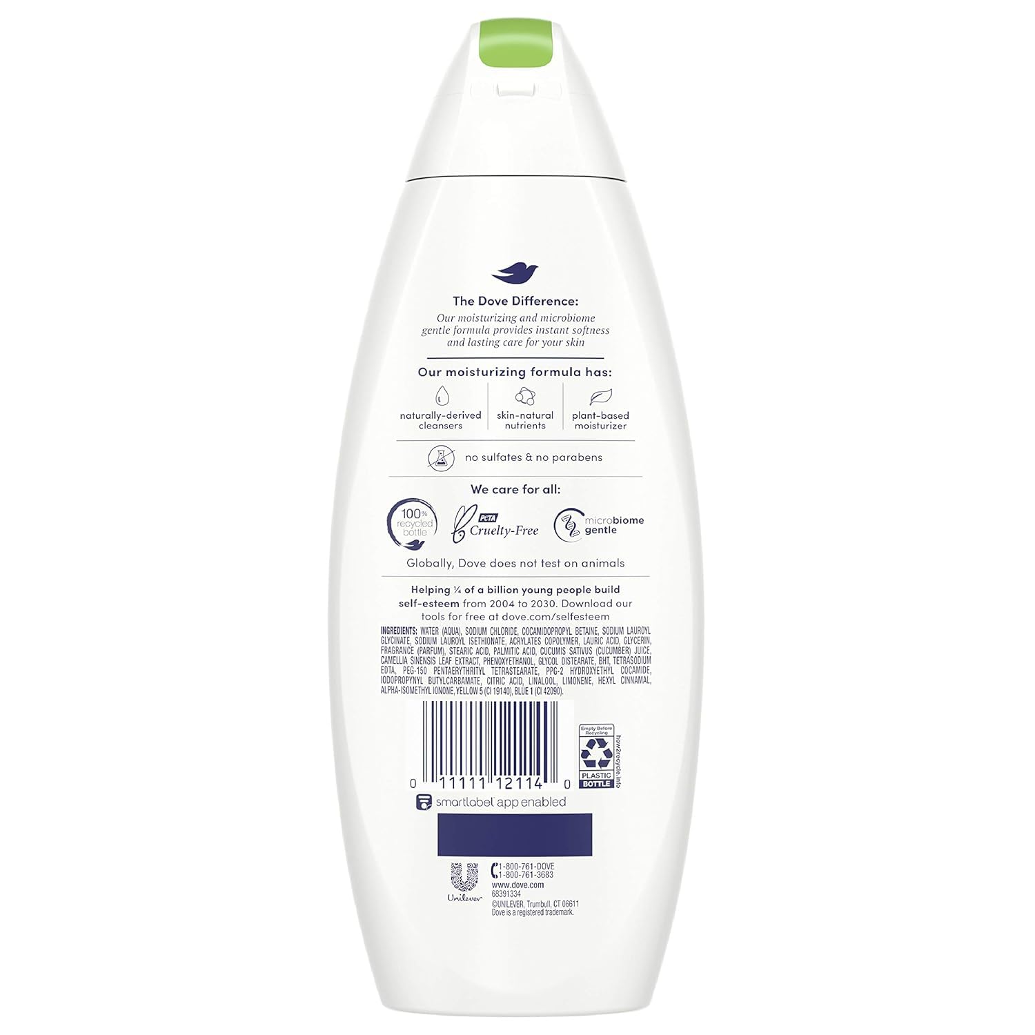Close-up of Dove Go Fresh Cucumber & Green Tea bottle with refreshing scent.