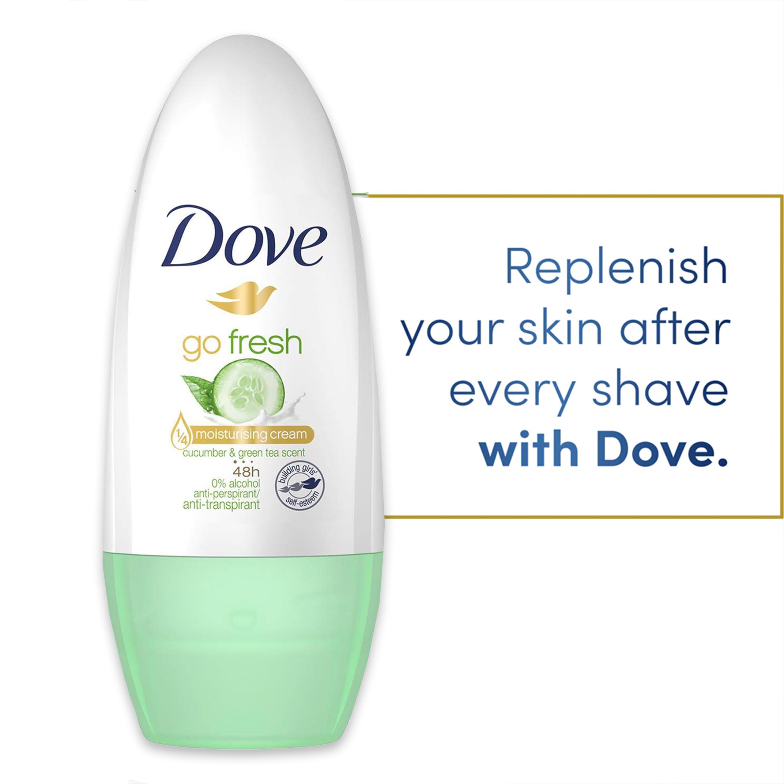 Dove Go Fresh roll-on application on underarm for gentle care
