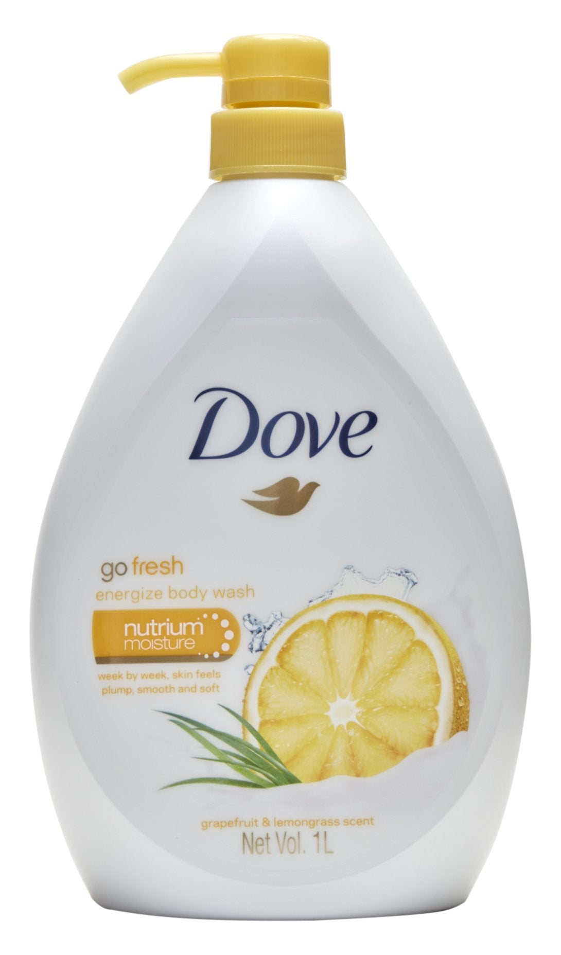 Dove Go Fresh Energize bottle pump showing convenient 1L packaging for daily showers