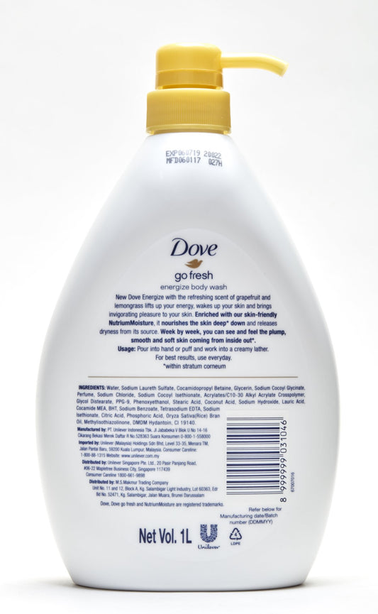 Dove Go Fresh Energize grapefruit and lemongrass scent offers a bright wake-up aroma