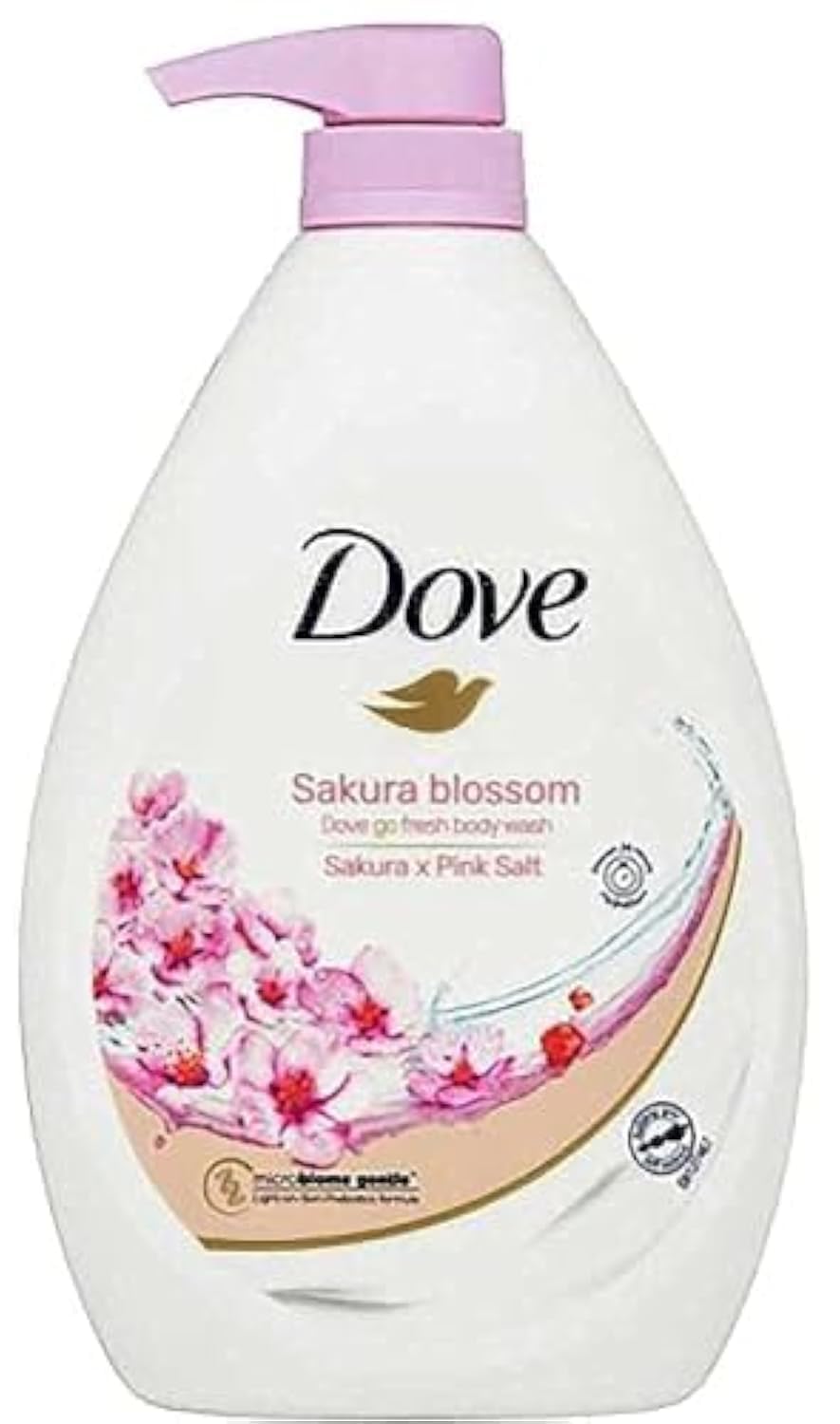 Dove Go Fresh Sakura Blossom body wash bottle with pink salt refreshes skin and uplifts mood.