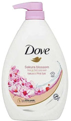 Dove Go Fresh Sakura Blossom body wash bottle with pink salt refreshes skin and uplifts mood.