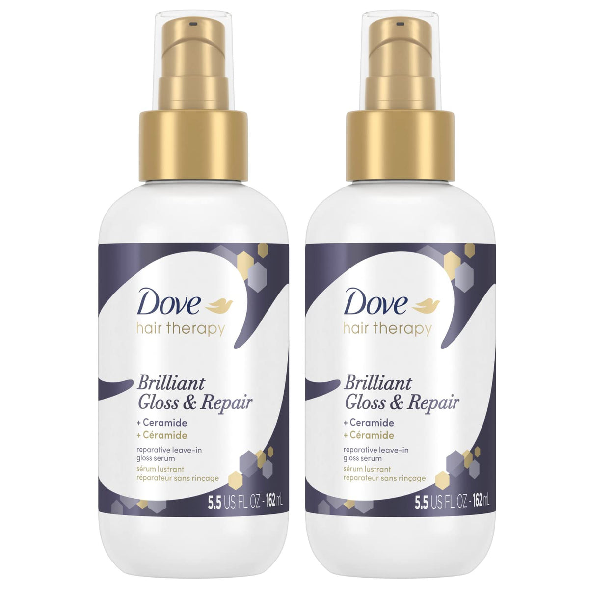 Dove Hair Therapy Brilliant Gloss bottle showing ceramide repair for shiny, smooth hair