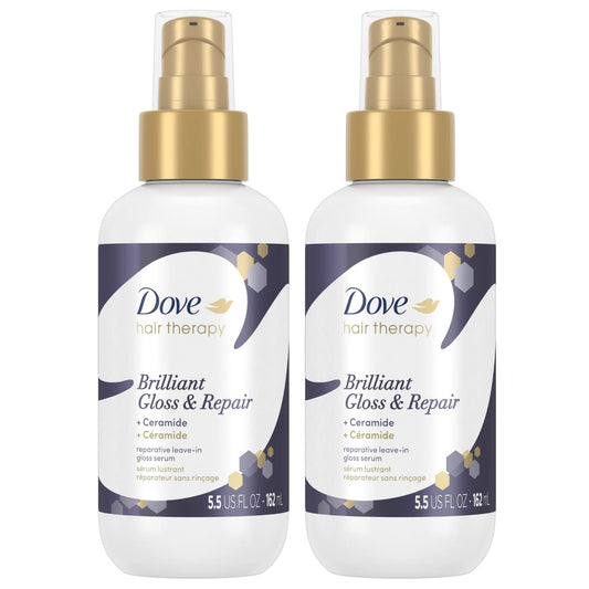 Dove Hair Therapy Brilliant Gloss bottle showing ceramide repair for shiny, smooth hair