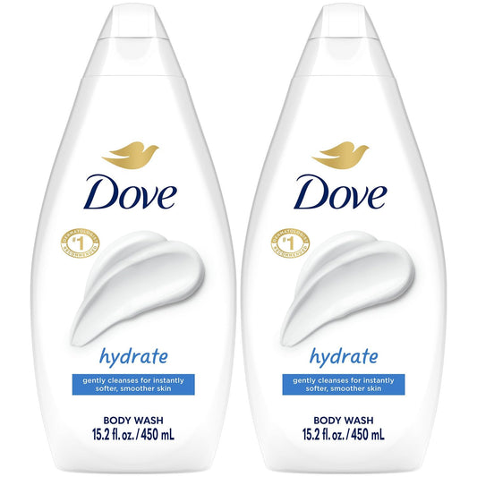 Dove Hydrate bottle pour shows a moisturizing cleanse for soft skin.