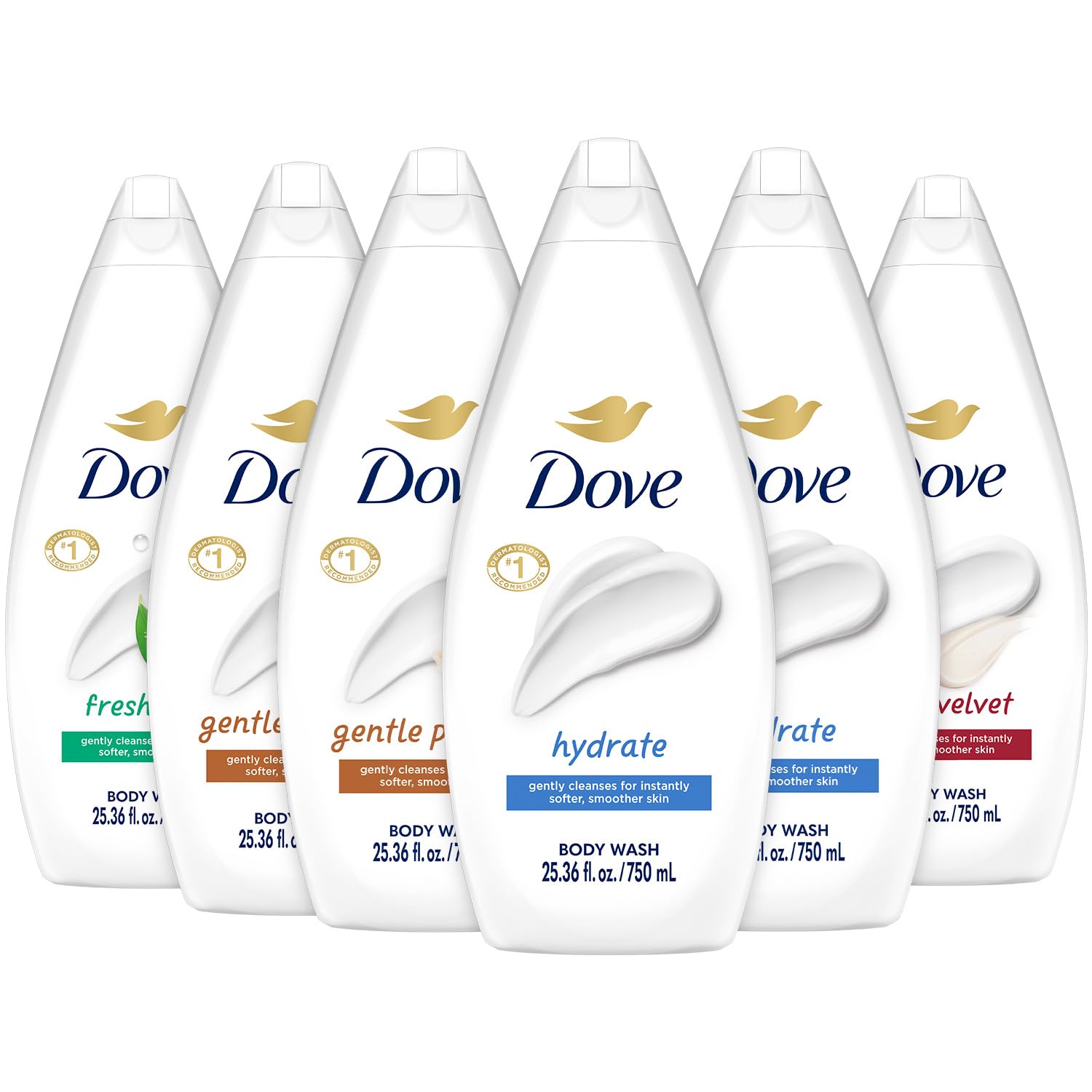 Dove Hydrate bottle with rich lather for deeply moisturized skin in shower.