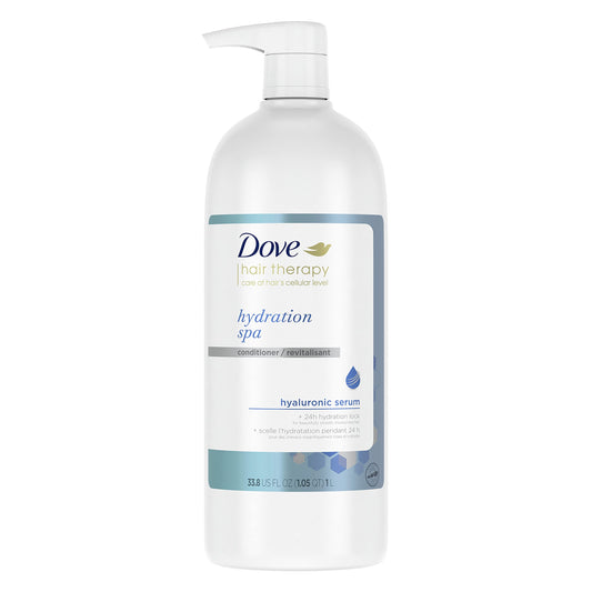 Dove Hydration Spa Conditioner bottle showing hyaluronic moisture boost.