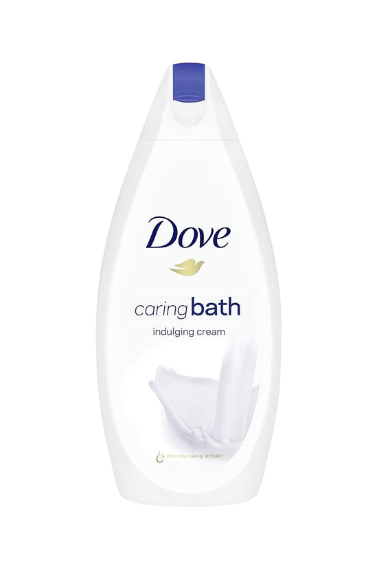 Dove indulging cream bath bottle with creamy lather for soft, hydrated skin.
