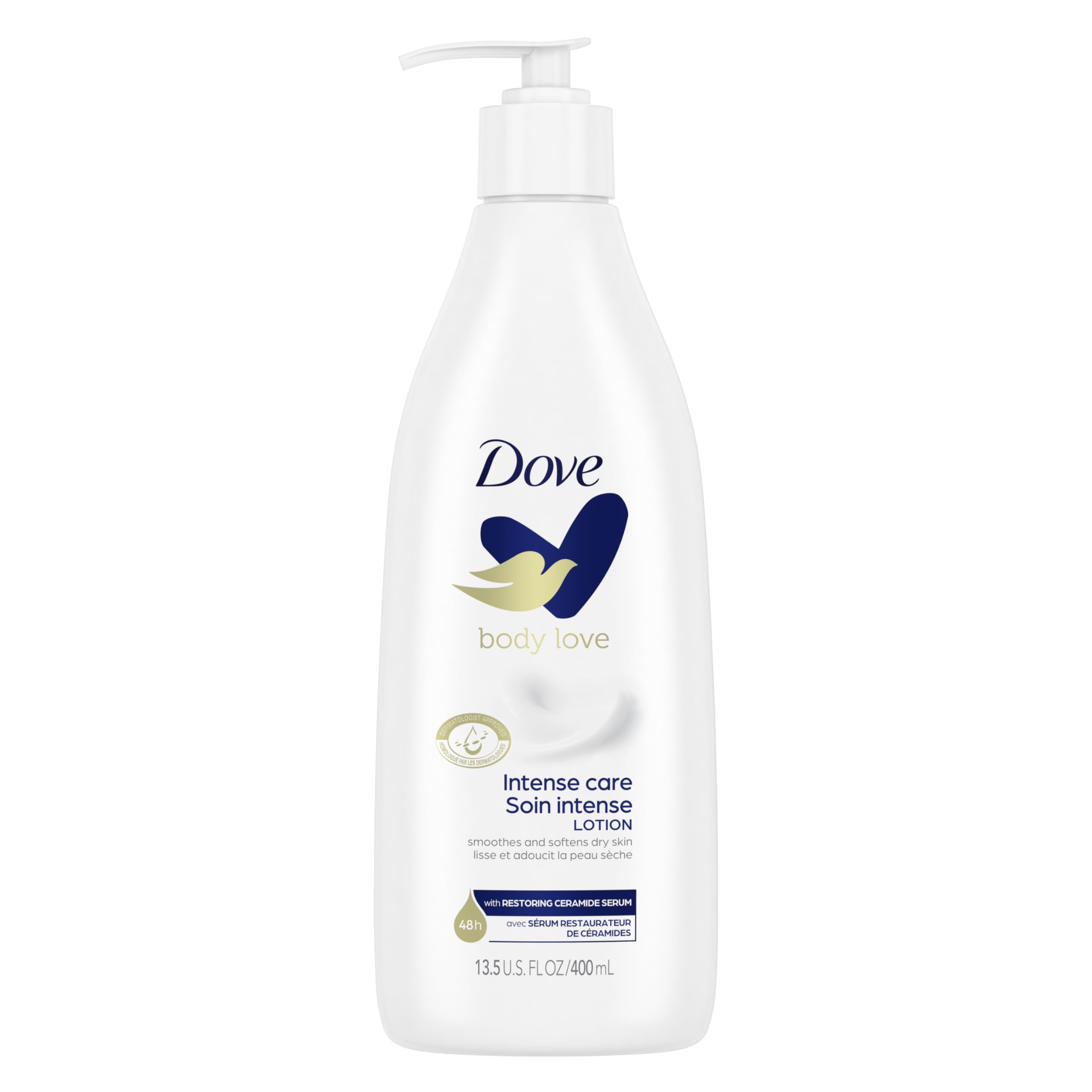 Dove Intense Care Body Lotion bottle highlighting 48h moisture and ceramide serum