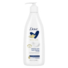 Dove Intense Care Body Lotion bottle highlighting 48h moisture and ceramide serum
