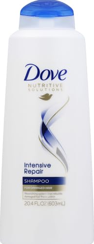 Dove Intensive Repair Shampoo label close-up, highlighting Nutri-Keratin Repair Actives.