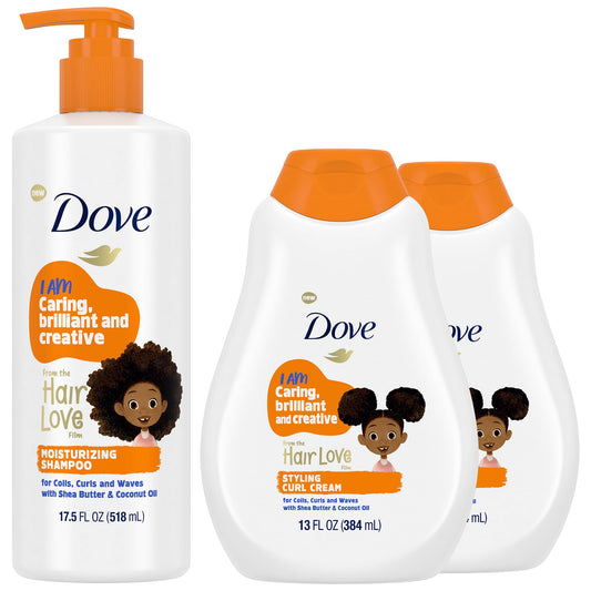 Dove Kids Moisturizing Shampoo bottle showcases a tear-free cleanse for curly hair.