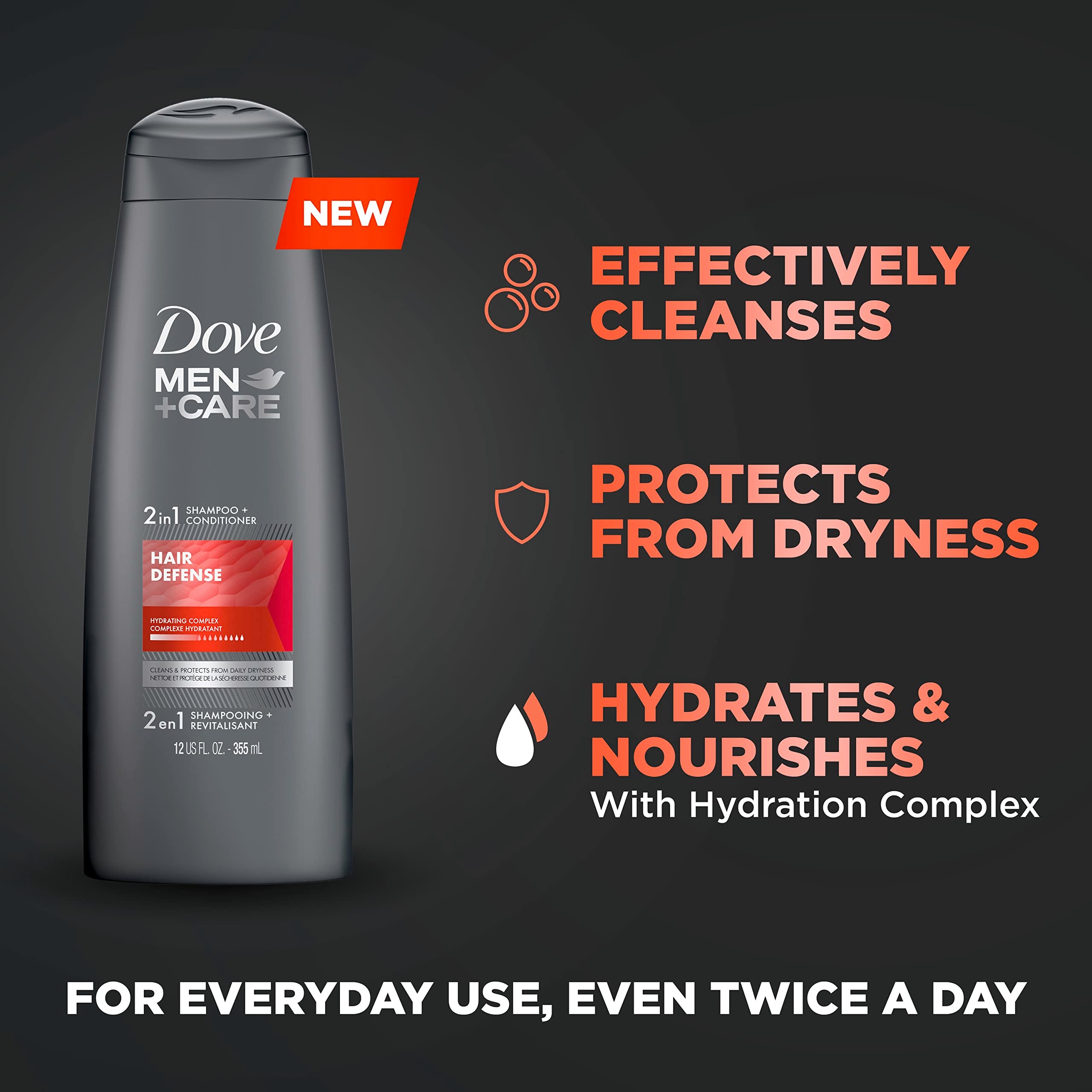 Dove Men+Care 2-in-1 12-ounce packaging shows convenient daily-use solution.