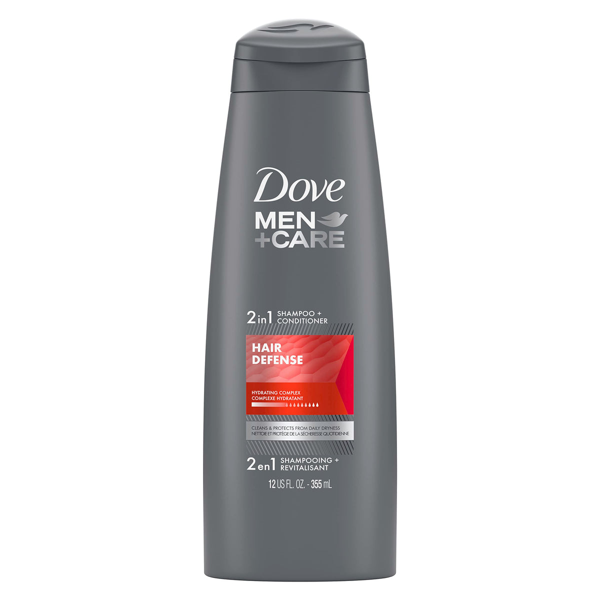 Dove Men+Care 2-in-1 shampoo bottle demonstrates daily cleansing and hair protection.