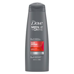 Dove Men+Care 2-in-1 shampoo bottle demonstrates daily cleansing and hair protection.