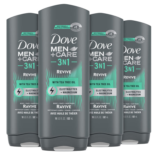 Dove Men+Care 3N1 Revive bottle with tea tree oil for post-workout freshness.
