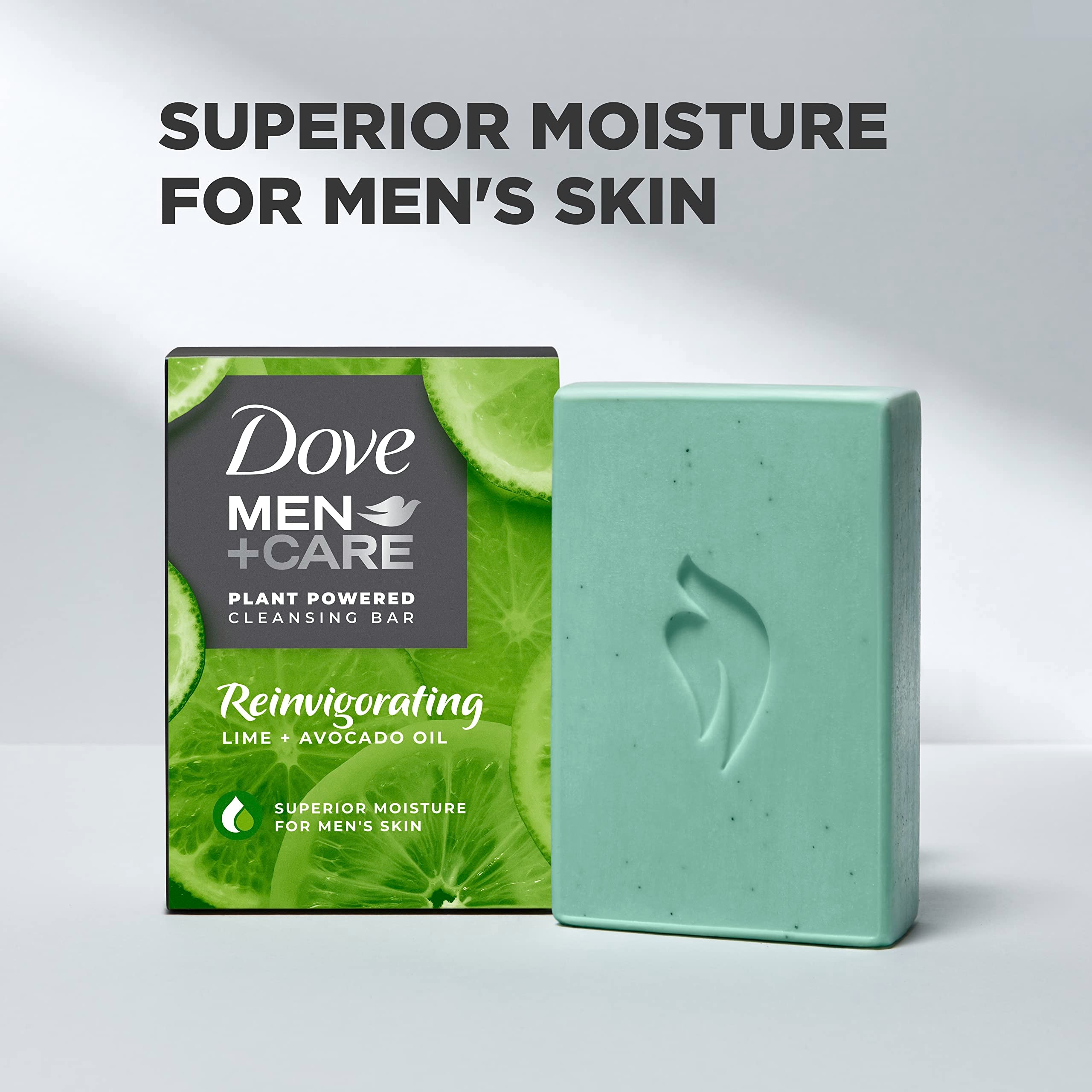 Dove Men+Care 4-in-1 bar highlights body, hair, face, shave.