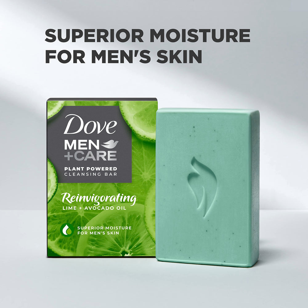 Dove Men+Care 4-in-1 bar highlights body, hair, face, shave.