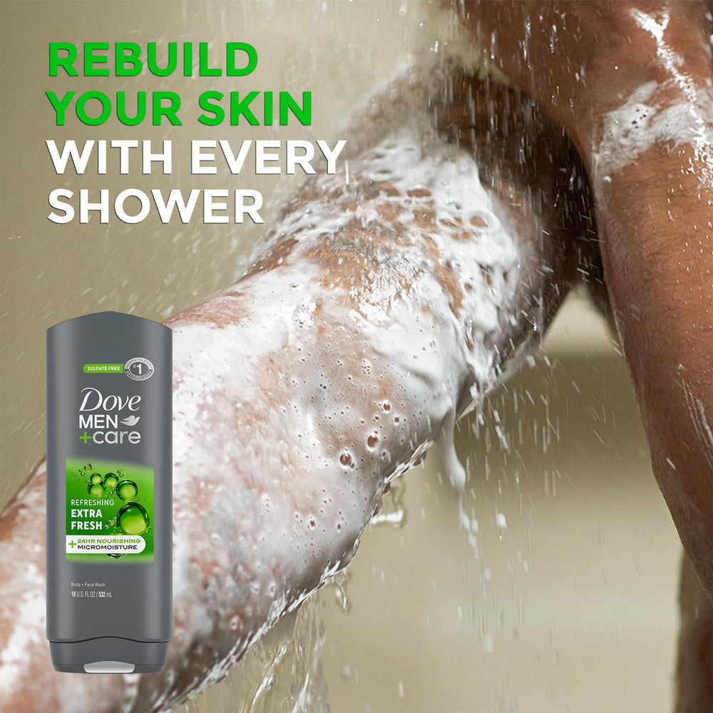 Close-up of Dove Men+Care Body Wash lather showing rich cleansing foam