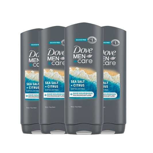 Dove Men+Care exfoliating sea salt citrus bottle close-up for refreshed skin