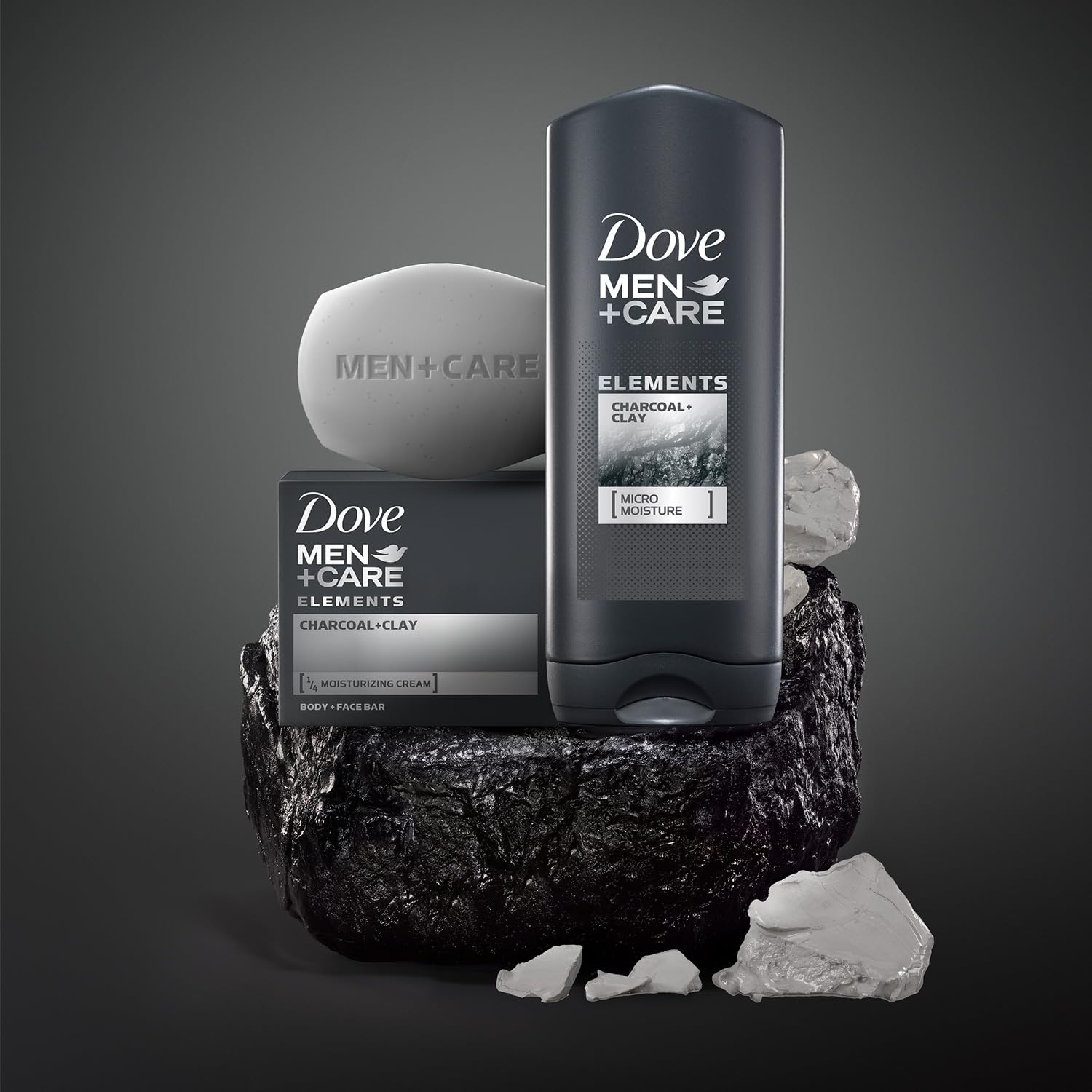 Dove Men+Care charcoal bar with clay supports daily cleansing and shave prep.