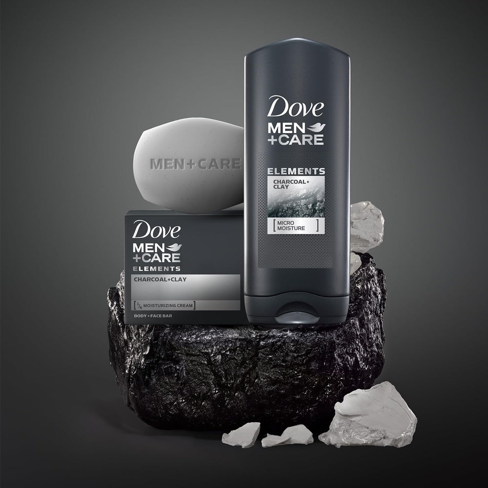 Dove Men+Care charcoal bar with clay supports daily cleansing and shave prep.