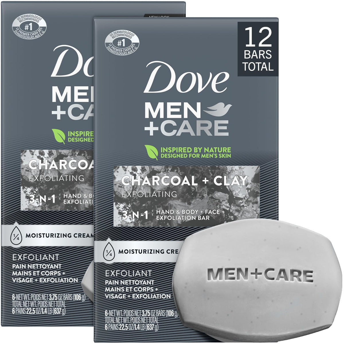 Dove Men+Care charcoal exfoliating bar close-up for a refreshing daily cleanse.