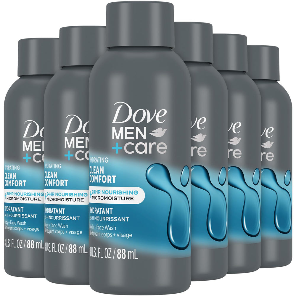 Dove Men+Care Clean Comfort bottle visible on shelf, highlighting hydrating formula for daily showers.