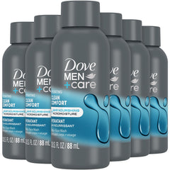 Dove Men+Care Clean Comfort bottle visible on shelf, highlighting hydrating formula for daily showers.