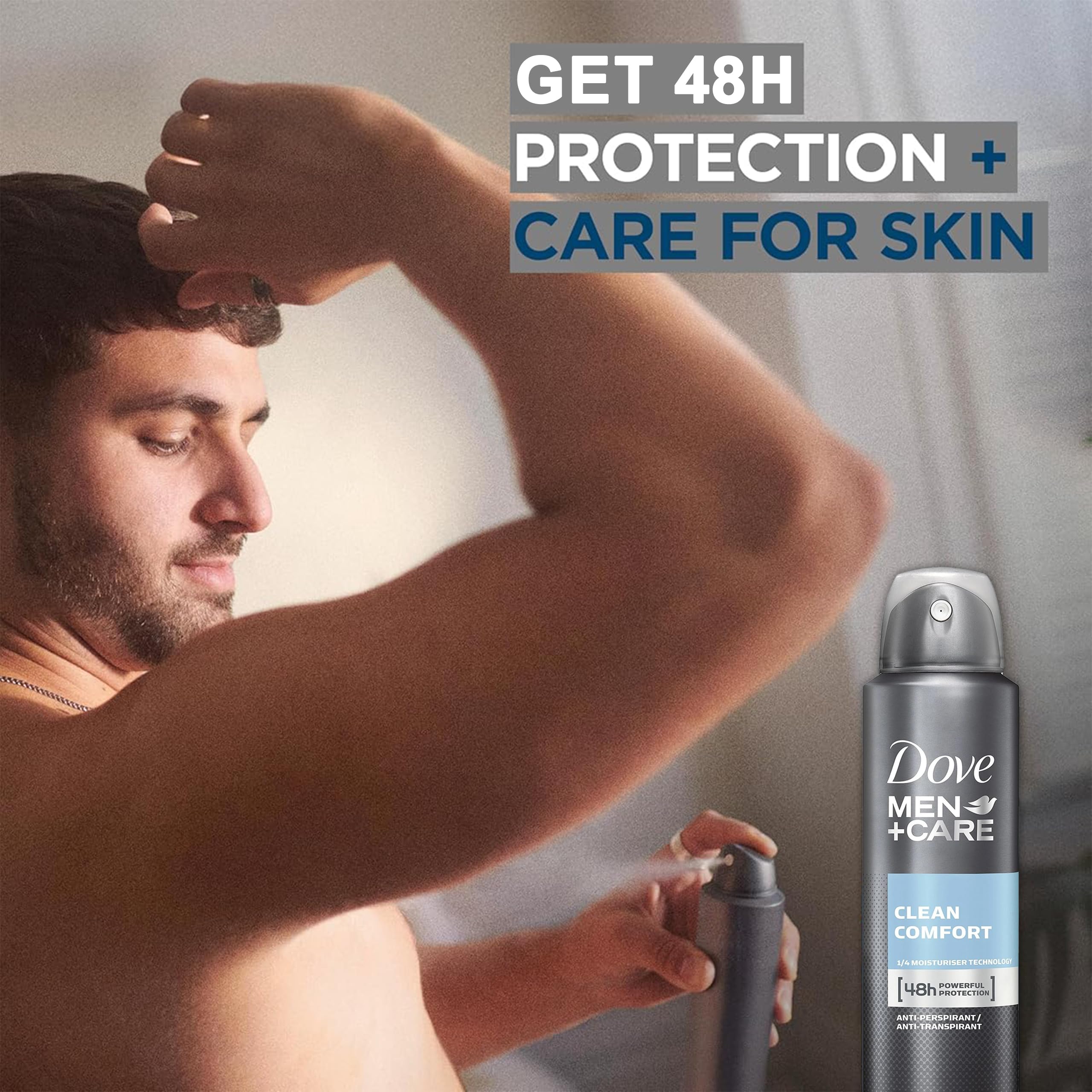 Dove Men+Care Clean Comfort nozzle demonstrates fast-dry application.
