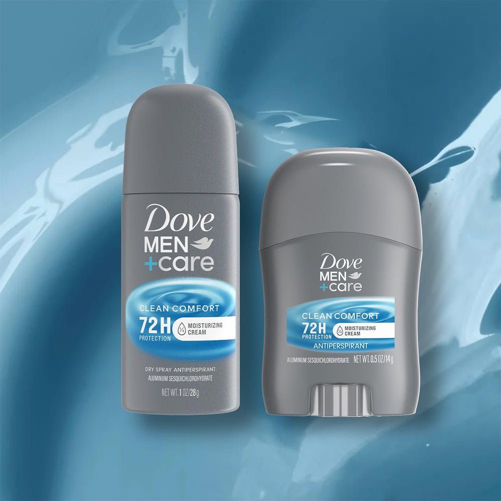 Dove Men+Care Clean Comfort packaging shot for four-piece travel set.
