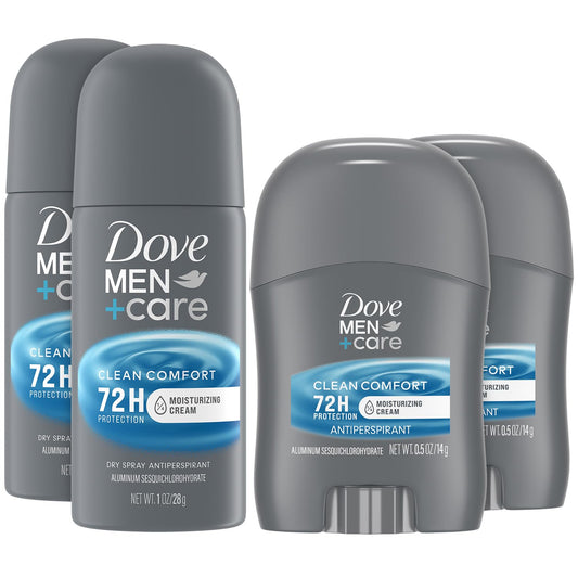 Dove Men+Care Clean Comfort travel stick with moisturizing formula for day-long freshness.
