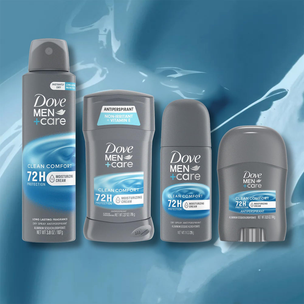 Dove Men+Care Clean Comfort travel stick small, portable protection on trips.