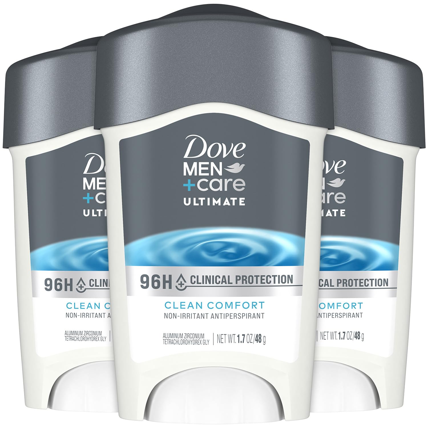 Dove Men+Care 96h front-pack view offering all-day protection.