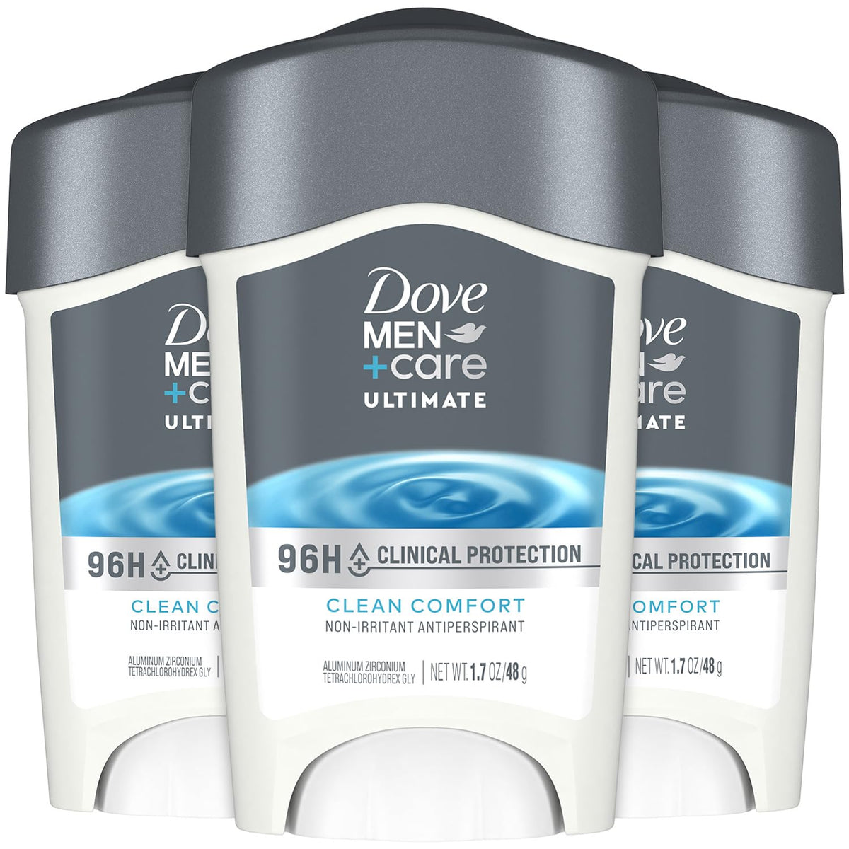 Dove Men+Care 96h front-pack view offering all-day protection.