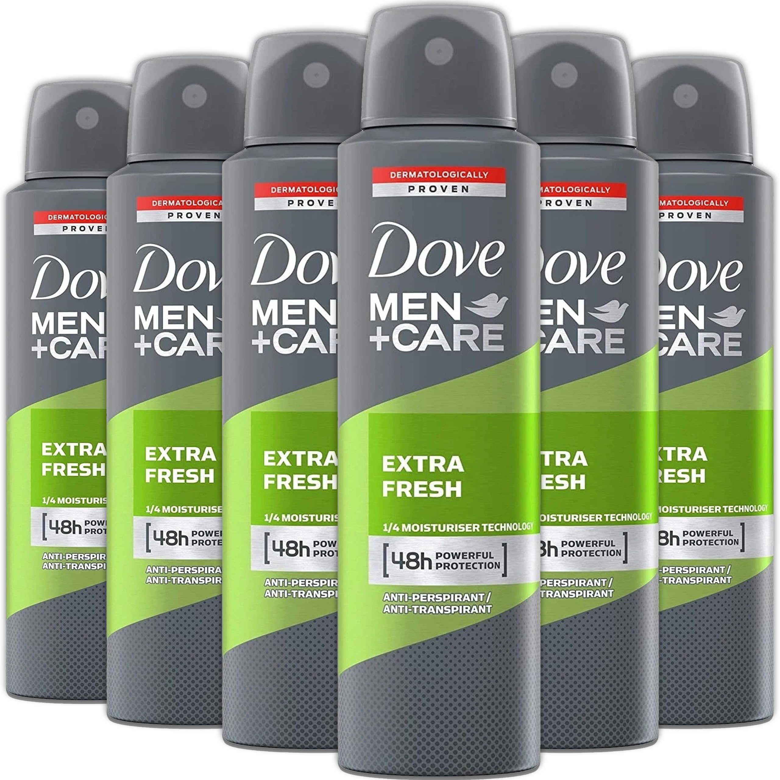 Dove Men+Care Extra Fresh 6-pack cans for daily odor protection.