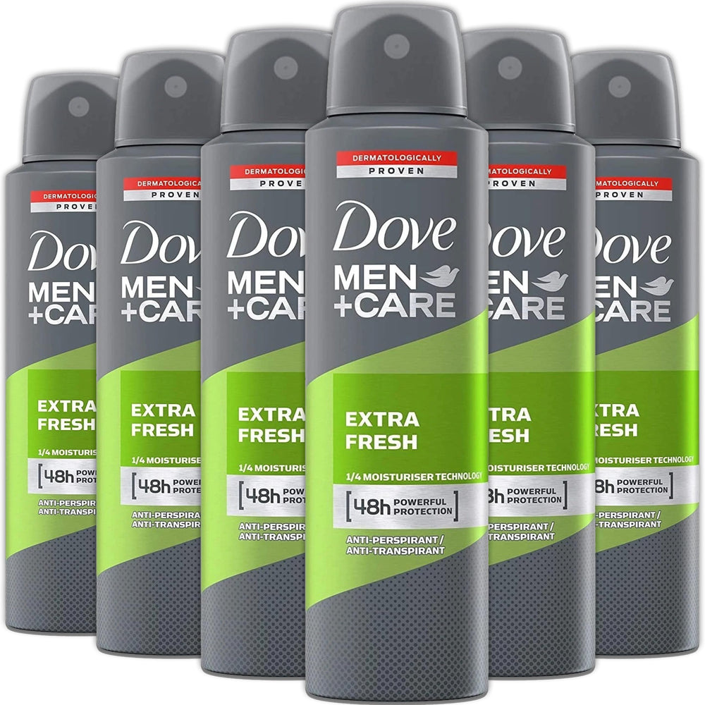 Dove Men+Care Extra Fresh 6-pack cans for daily odor protection.