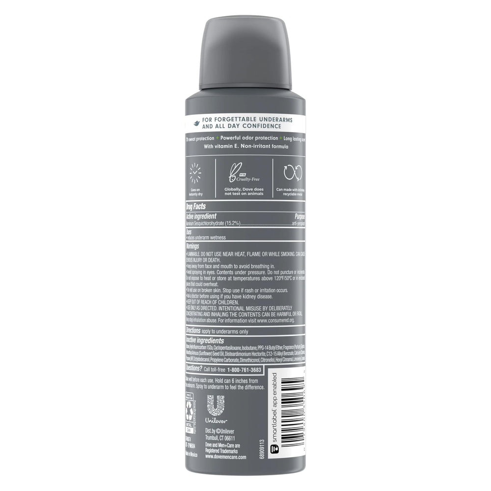 Close-up of Dove Men+Care Extra Fresh spray can for quick, dry application.