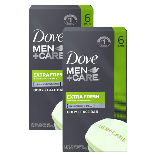 Dove MenCare Extra Fresh bar packshot showing versatile 3-in-1 cleansing