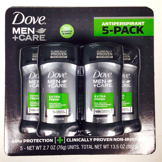 Dove Men+Care Extra Fresh 5-pack front view showing 48-hour odor protection